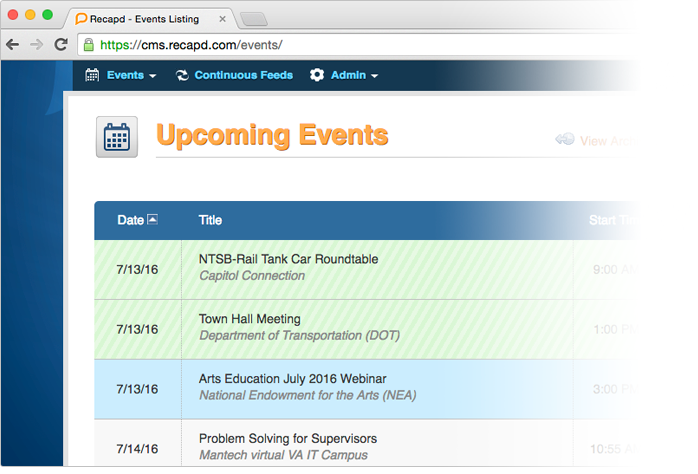 Upcoming Events table